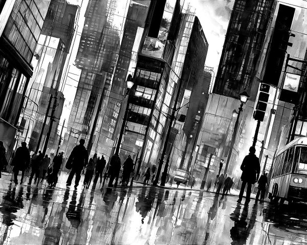 Black and white urban scene with skyscrapers and rain