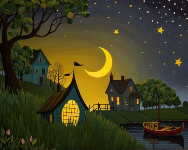 Crescent Moon Over Peaceful Lakeside at Night