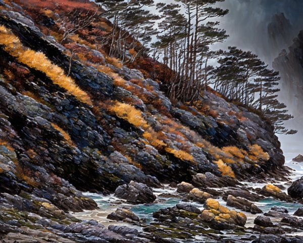 Rugged Coastline with Autumn Foliage and Turquoise Water