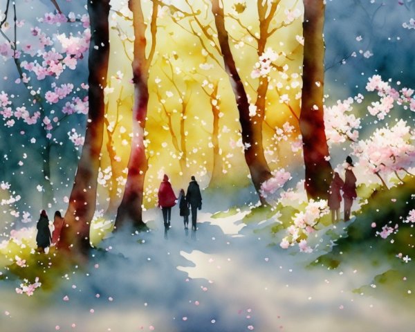 Watercolor Scene of a Blossoming Forest Landscape