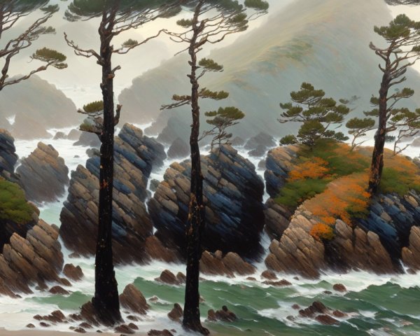 Coastal Landscape with Trees and Turbulent Sea