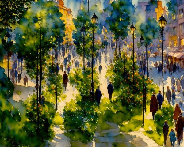 Vibrant Twilight Street Scene with Nature and Lanterns