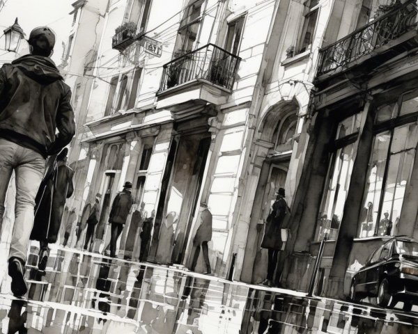 Monochromatic City Street Scene with Urban Architecture