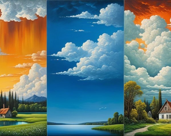 Triptych of Vibrant Landscapes with Sunset and Lake