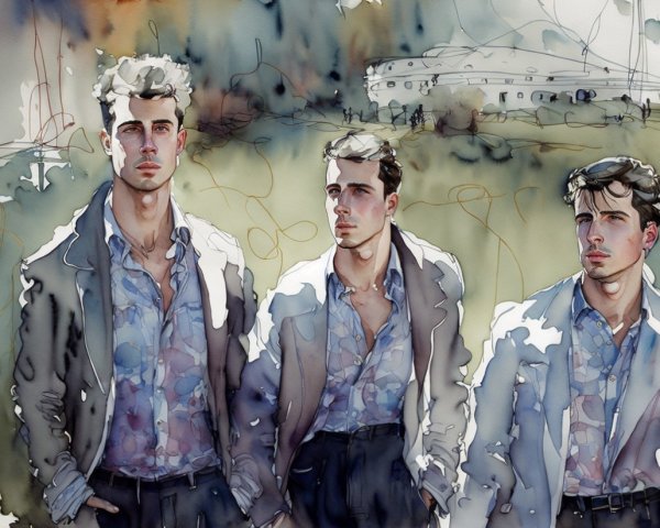 Watercolor Painting of Three Young Men in Jackets