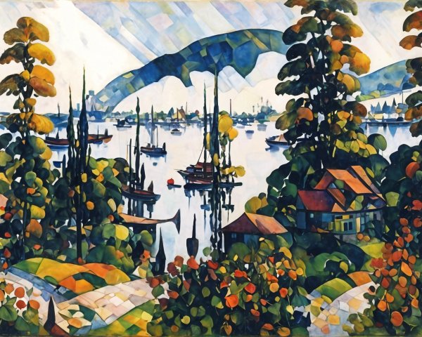 Vibrant Landscape with Sailboats and Lush Trees