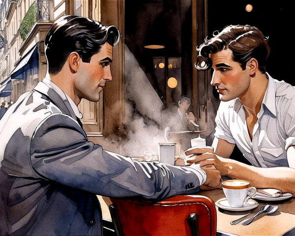 Young Men in Café Engaged in Conversation in Paris