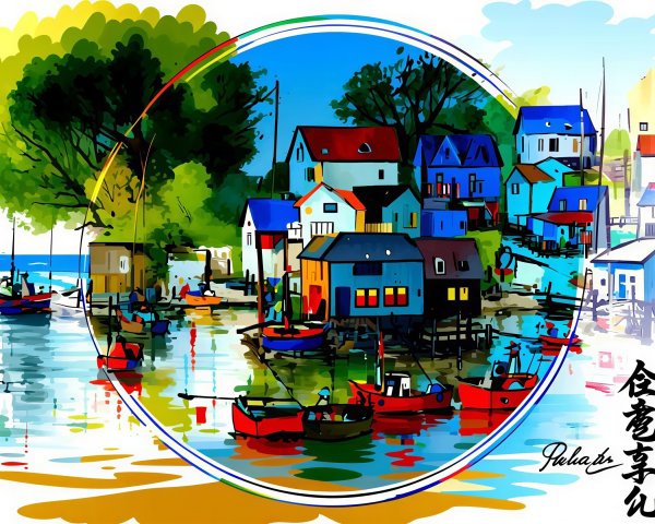 Vibrant Harbor Town Painting with Boats and Houses