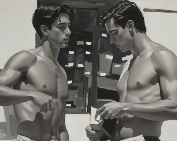 Monochromatic Artwork of Two Young Men in Discussion