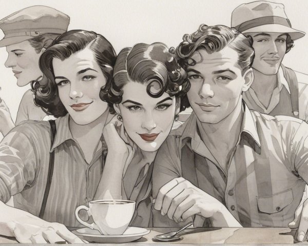 Vintage Illustration of Stylish Mid-20th Century Figures