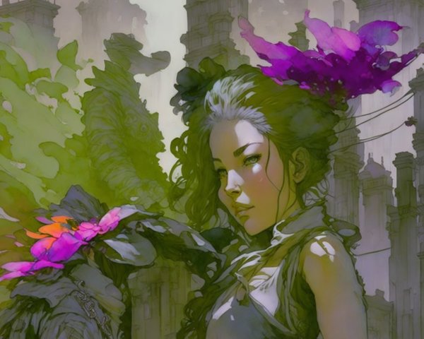 Figure in Misty Overgrown Cityscape with Flowers