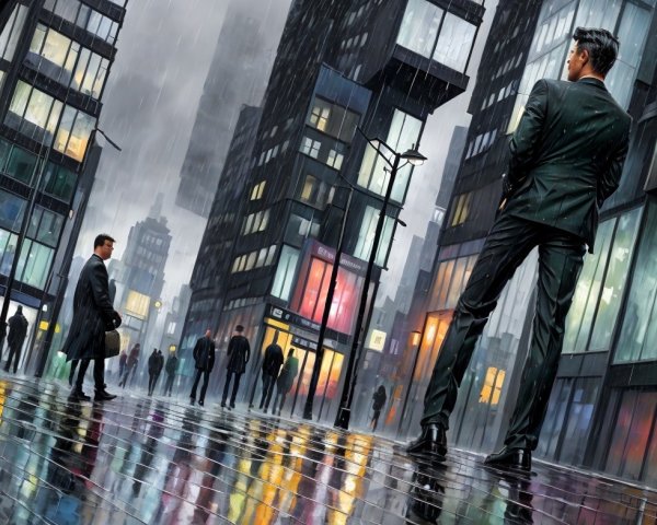 City Scene in Rain with Skyscrapers and Figures