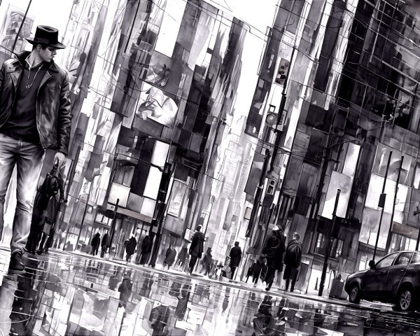 Monochromatic Cityscape with Lone Figure in Rain