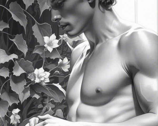 Chiseled Male Figure with Floral Background and Soft Lighting