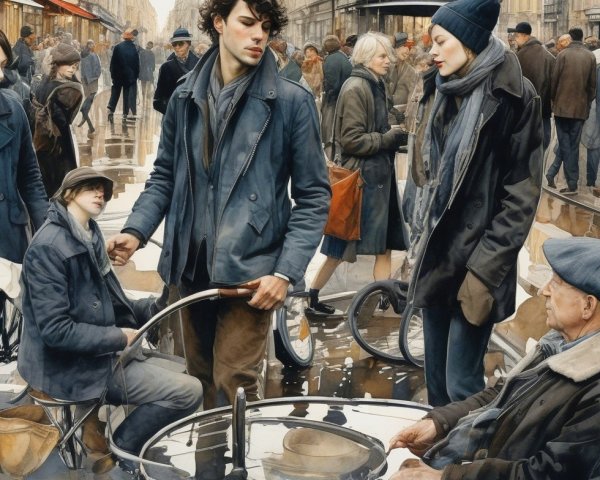 Vintage Attire in a Bustling Urban Rain Scene