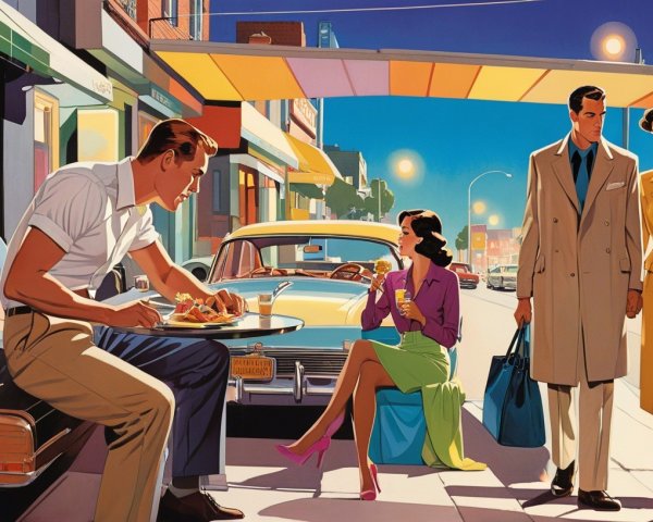 Retrofuturism Digital Painting of 1950s Street Scene