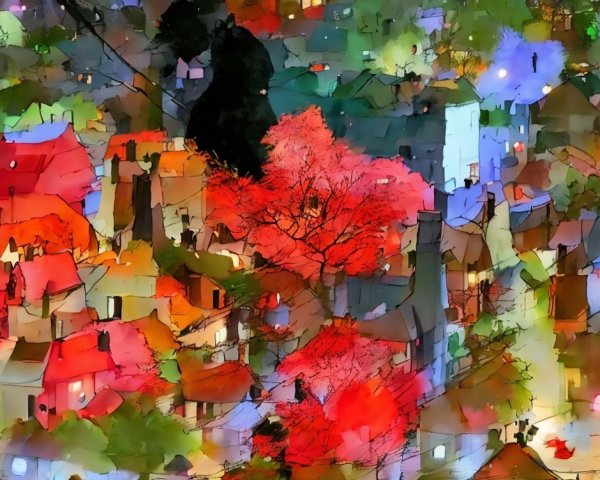 Abstract Village with Colorful Rooftops and Red Tree