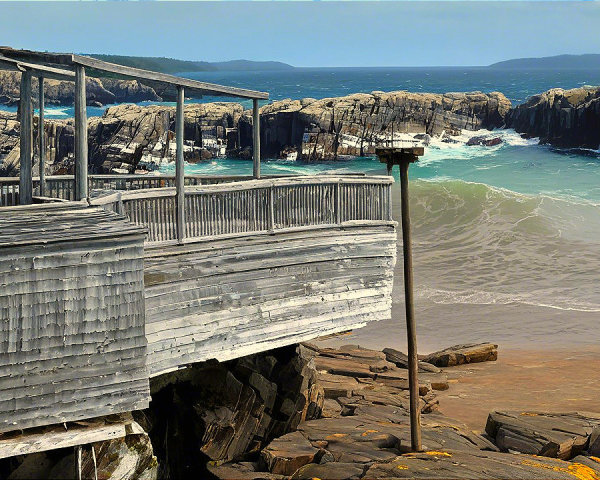 Weathered Boardwalk Over Rugged Coastal Rocks