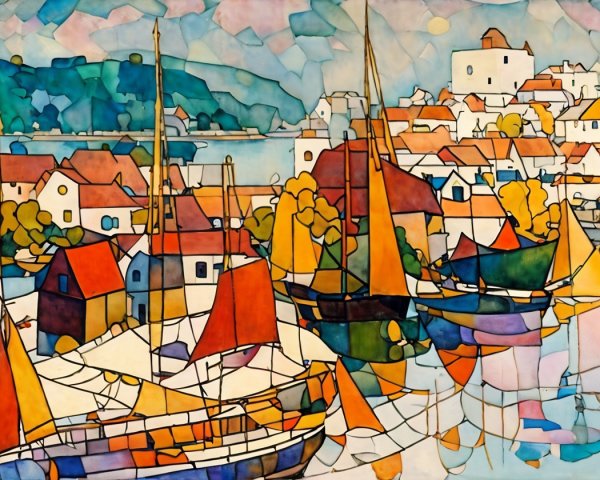 Vibrant Coastal Scene with Colorful Boats and Buildings