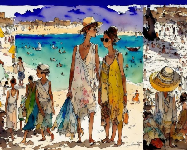 Impressionistic Watercolor of Mediterranean Beach Scene
