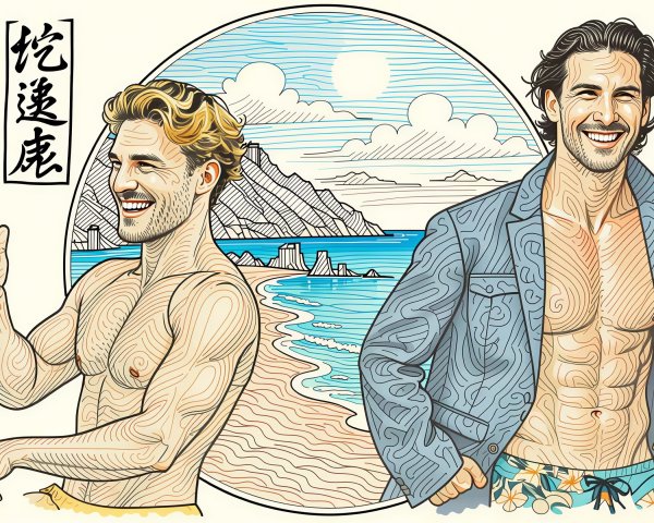 Muscular Men in Beach Landscape with Circular Frame
