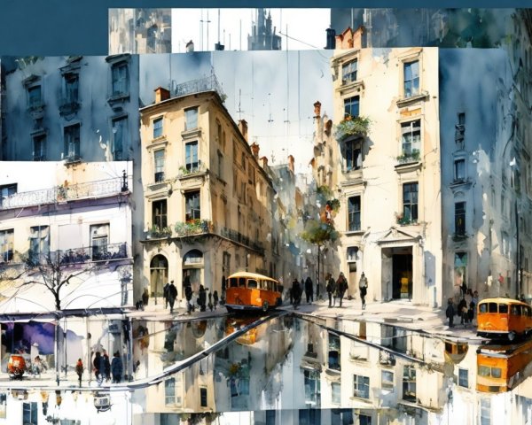 Vibrant Watercolor of a Lively Urban Street Scene