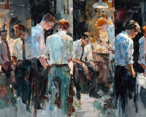 Watercolor Painting of Men in Suits in Conversation