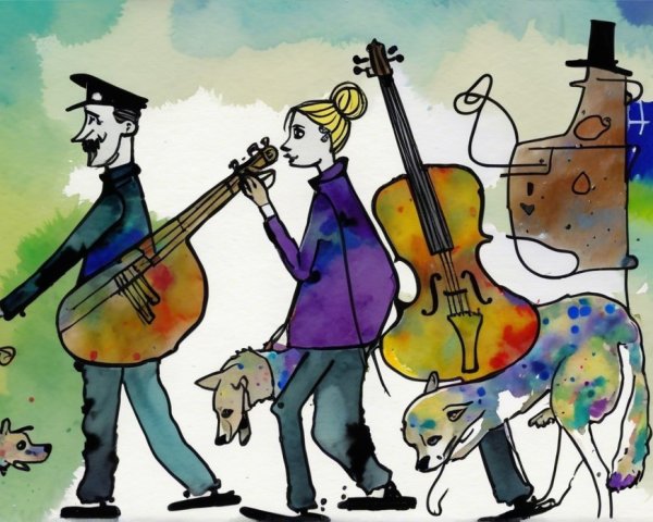 Whimsical Characters in Colorful Watercolor Scene