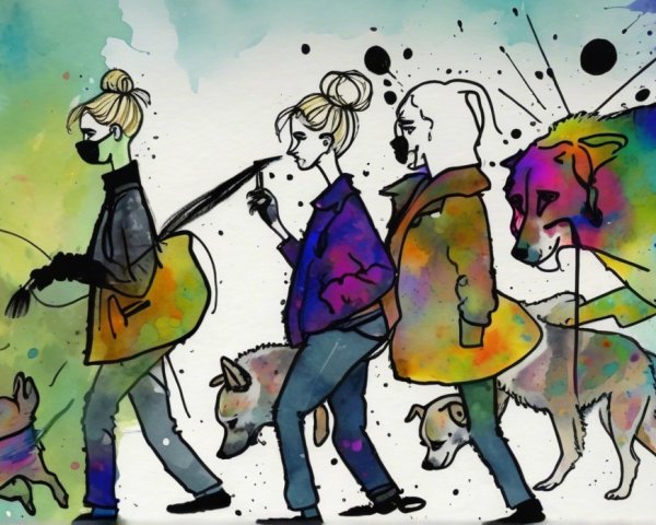 Vibrant Watercolor Illustration of People with Dogs