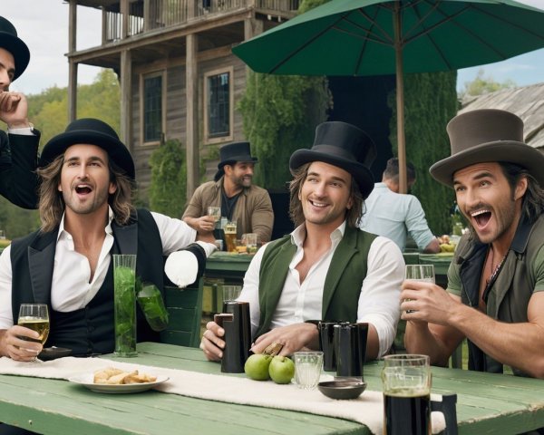 Stylish Men in Top Hats at Rustic Outdoor Bar