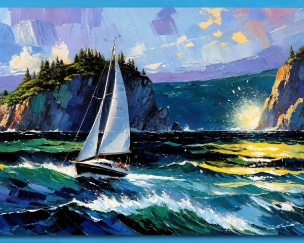 Serene Seascape with Sailboat and Colorful Sunset