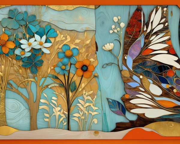 Vibrant Wood Carving of Flowers and Trees in Bold Colors
