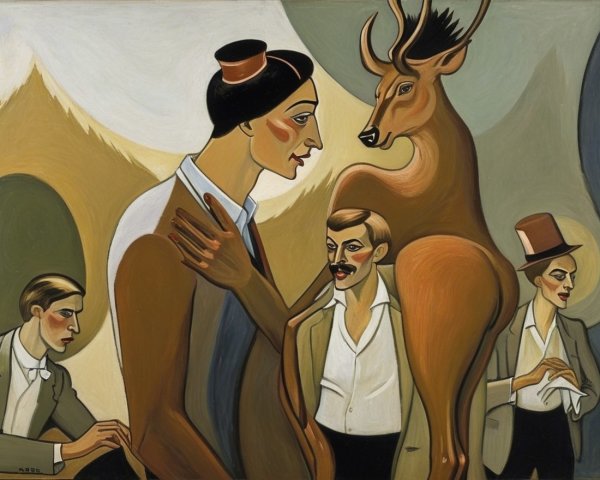 1920s Figures and Deer in Stylized Abstract Art