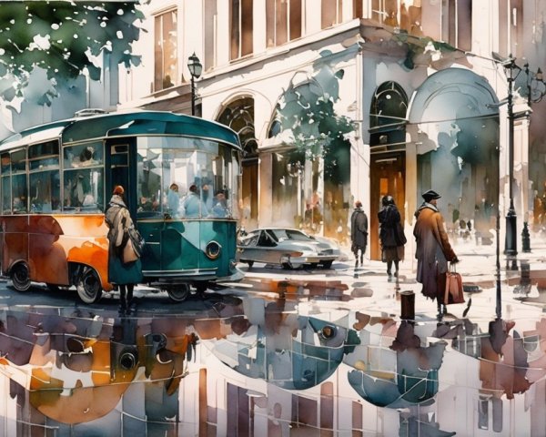 Vibrant City Scene with Tram and Urban Architecture