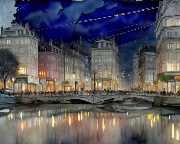 Vibrant Evening Scene of a Lively Canal and Bridge