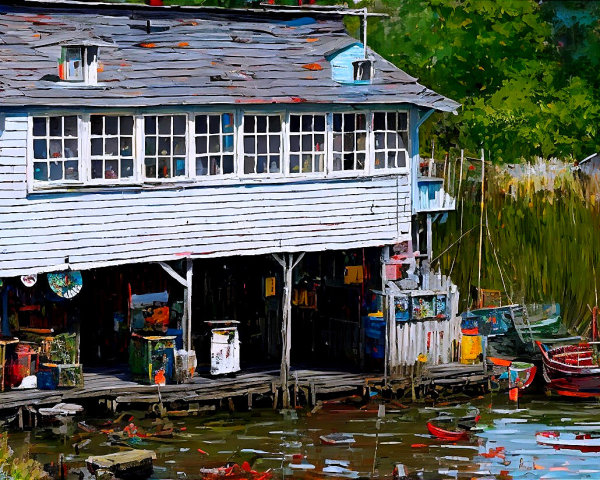Quaint Seaside Building by Calm Waterway and Boats