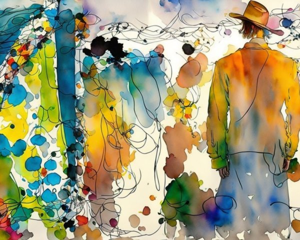 Watercolor Scene of Two Figures in Abstract Landscape