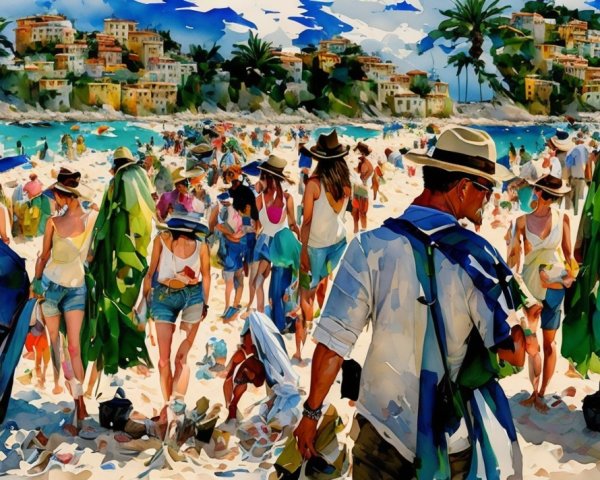 Vibrant Beach Scene with Sunbathers and Umbrellas