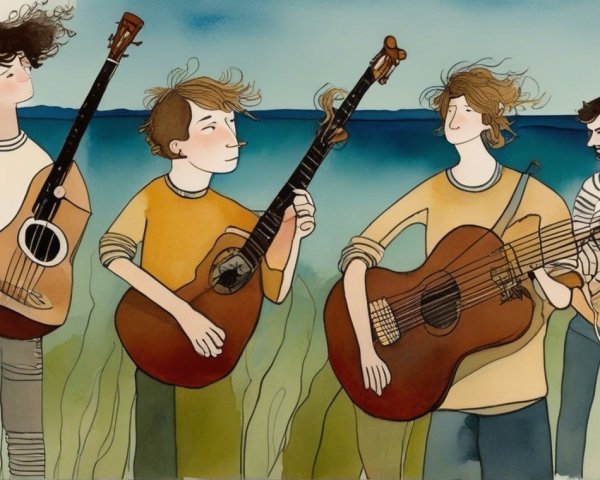 Young musicians with guitars in a green field