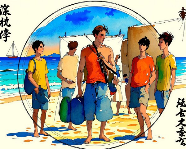 Comic Book Style Beach Scene with Young Men and Sailboat