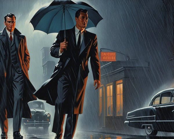 Elegant men with umbrella in rainy city street