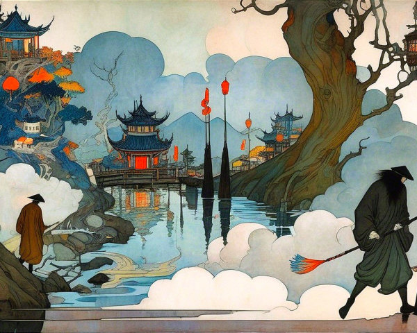 Tranquil River Landscape with Asian Architecture