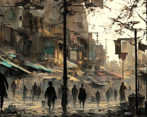 Desolate Urban Scene with Gritty Streetscape and Shadows