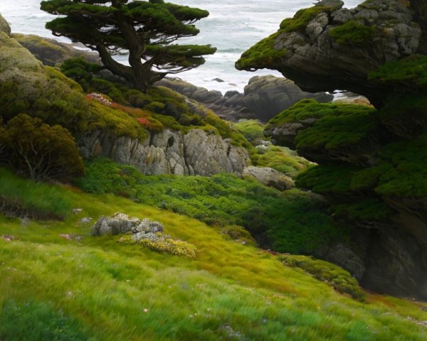 Serene Coastal Landscape with Trees and Rugged Rocks