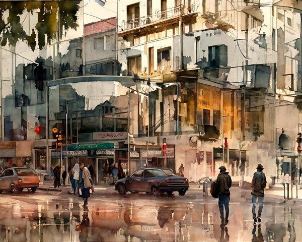 Vibrant City Scene with Pedestrians and Traffic