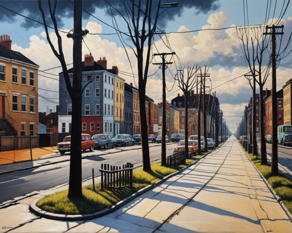 Vibrant city street with trees, houses, and vintage cars