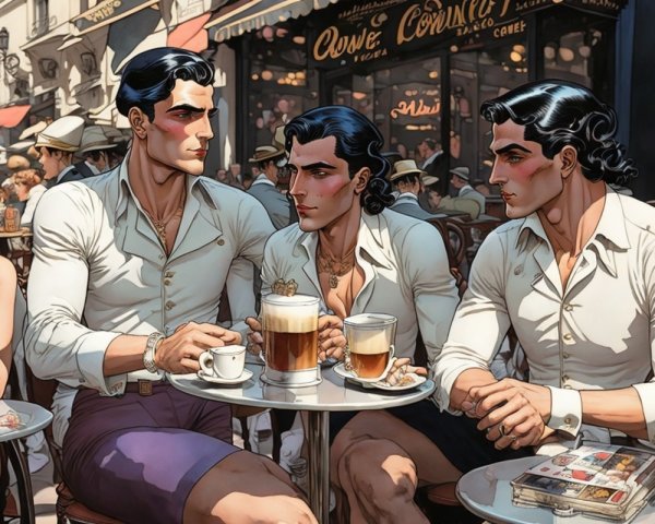 Parisian Café Scene with Stylish Men and Vintage Attire