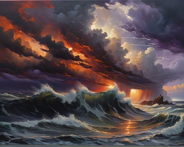 Dramatic Seascape with Waves and Fiery Sunset