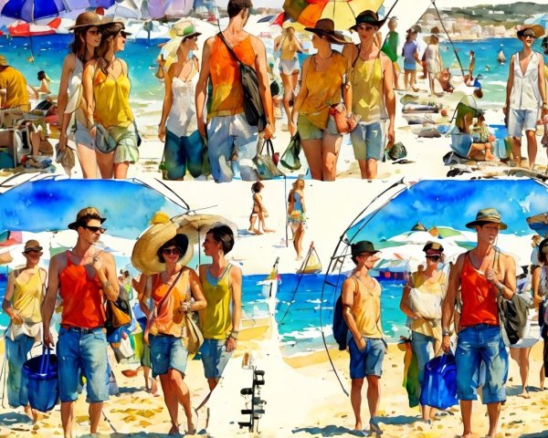 Vibrant Watercolor Beach Scene with Abstract Figures