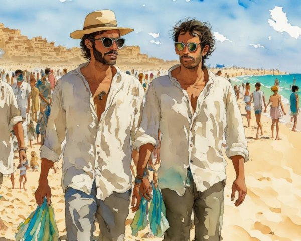 Two men in sunglasses walk on a sandy beach with crowds